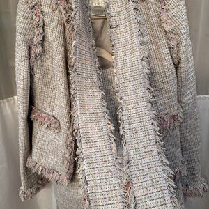 CHANEL Pastel Tweed Fringe 3 piece Blazer and skirt in Cream and Pink